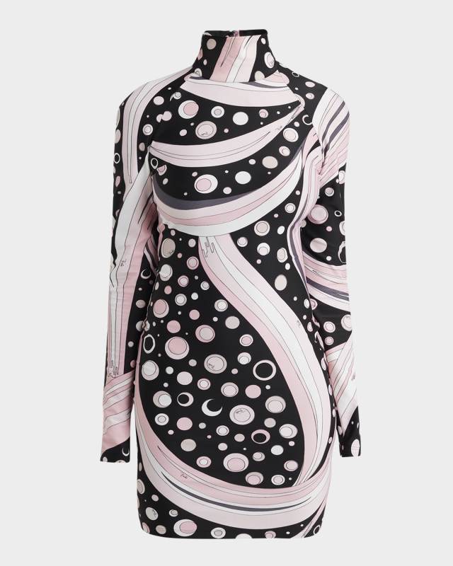 Turtleneck Long-Sleeve Printed Mini Dress